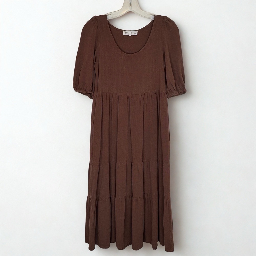 Cottage Core Minimalist Women's 100% Linen Midi Dress XS Brass And Roe By CTS